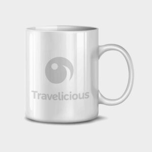 Travelicious white mug - transparent logo